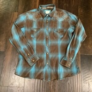 Panhandle Rough Stock Womens Blue Brown Plaid Western Snap Shirt R4S3251 L